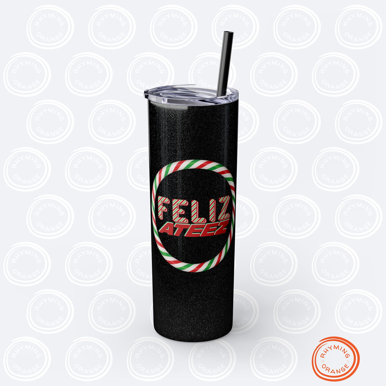 Personalized Ateez Holiday Insulated Tumbler, Custom "Feliz Ateez" Coffee Tea Skinny Tumbler with Straws, KPop Christmas Atiny Fan Merch