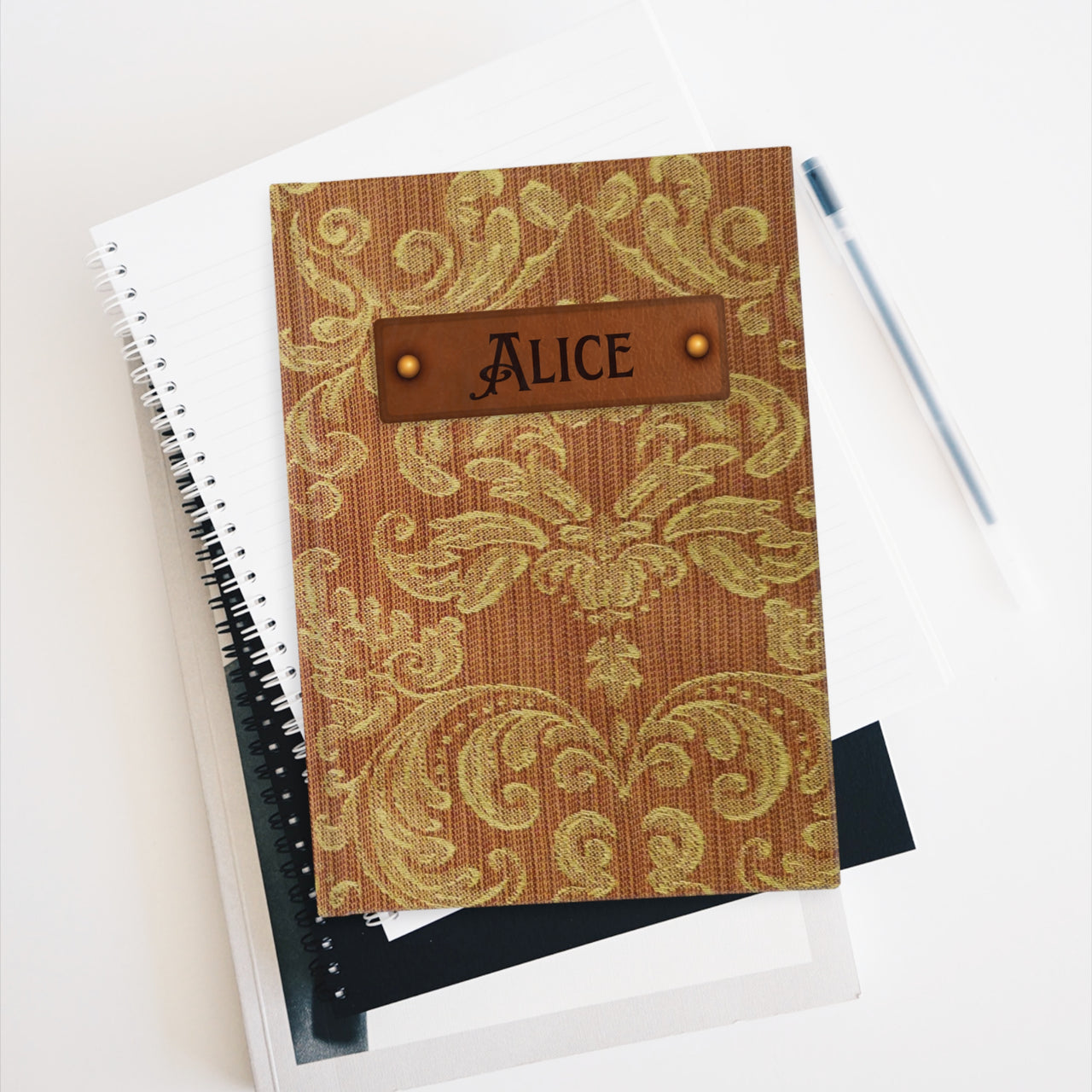 Gold Brocade and Leather Name Plate All-Over-Print Hardcover Journal, Matte with Lined or Blank Pages, Luxury Look Printed Cover