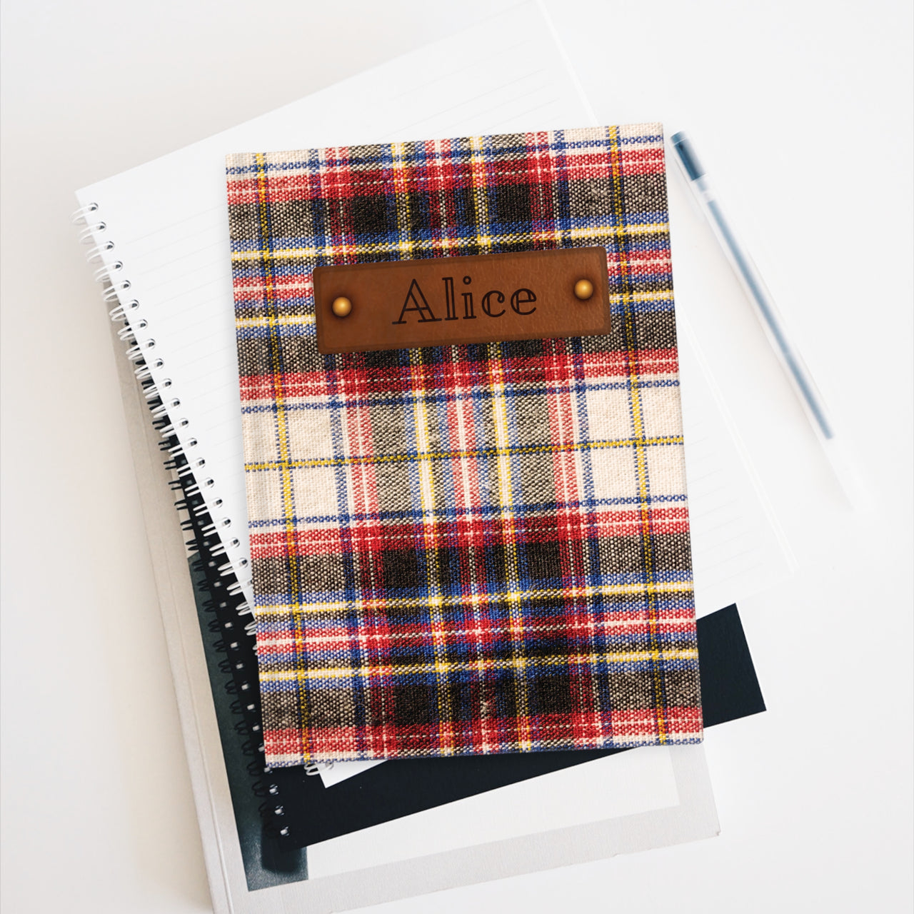 Wool Plaid and Leather Name Plate All-Over-Print Hardcover Journal, Matte with Lined or Blank Pages, Luxury Printed Cover