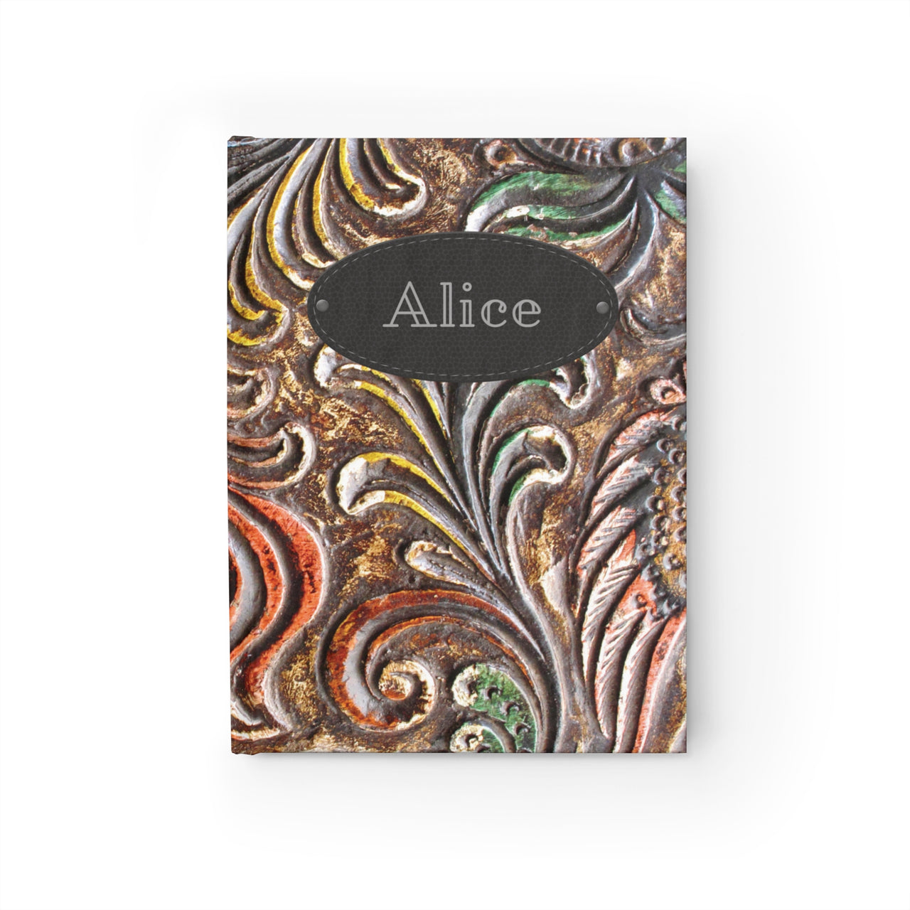 Carved Wood and Leather Name Plate All-Over-Print Hardcover Journal Matte with Lined or Blank Pages, Luxury Look Printed Cover