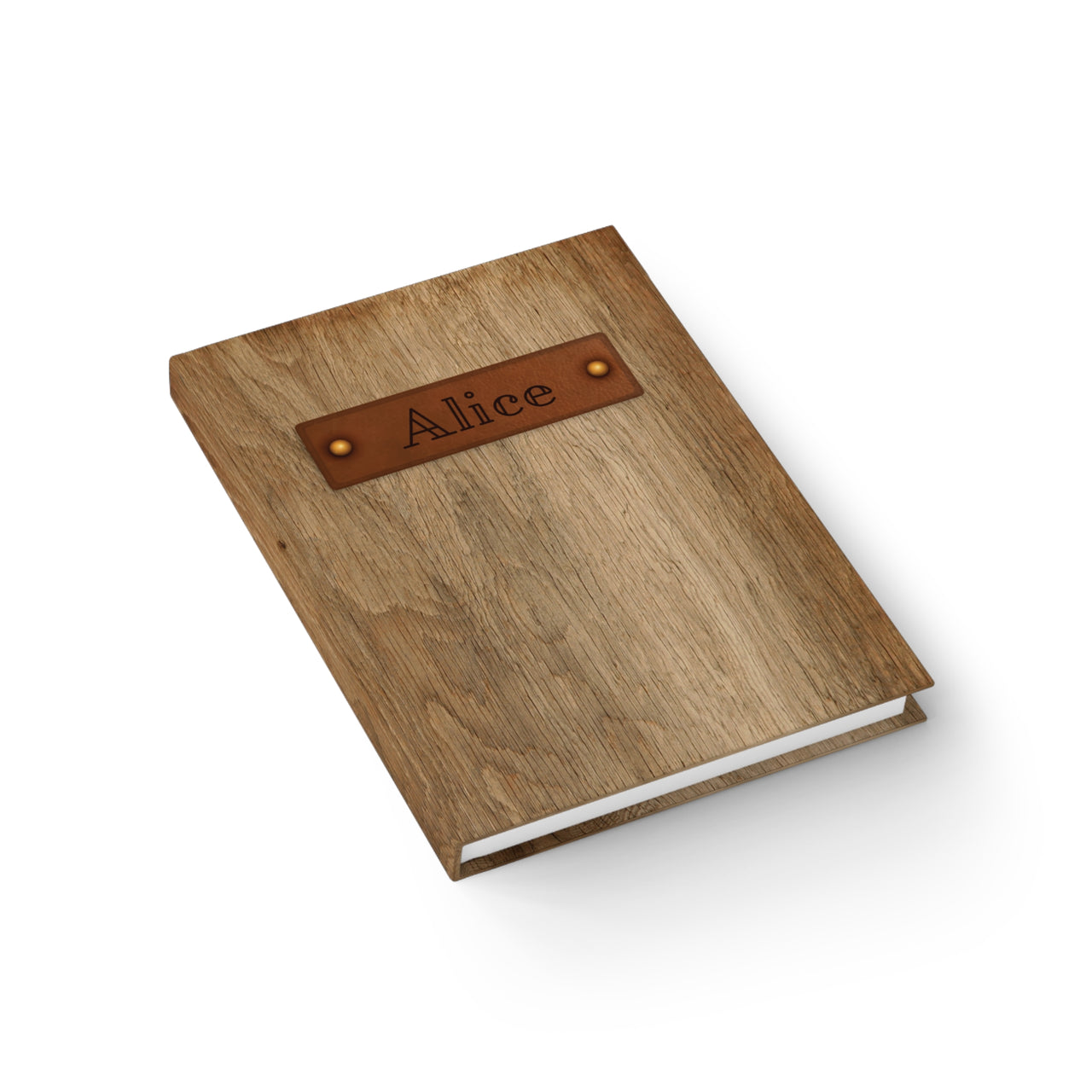 Wood and Leather Name Plate All-Over-Print Hardcover Journal Matte with Lined or Blank Pages, Luxury Look Printed Cover