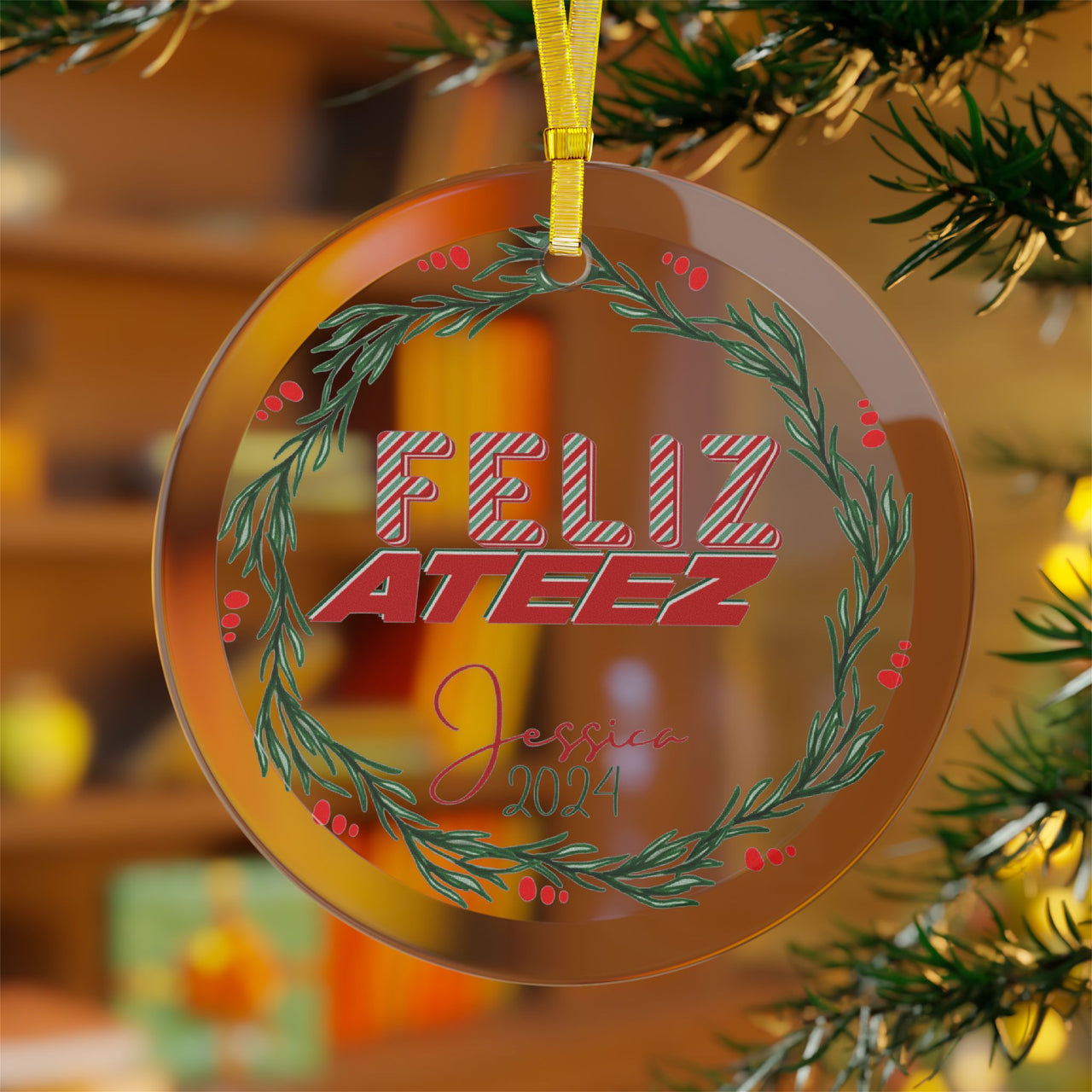 Personalized Ateez Glass Holiday Ornament, "Feliz Ateez" Custom 2024 Design Christmas Ornament, Ateez Atiny Holiday Merch