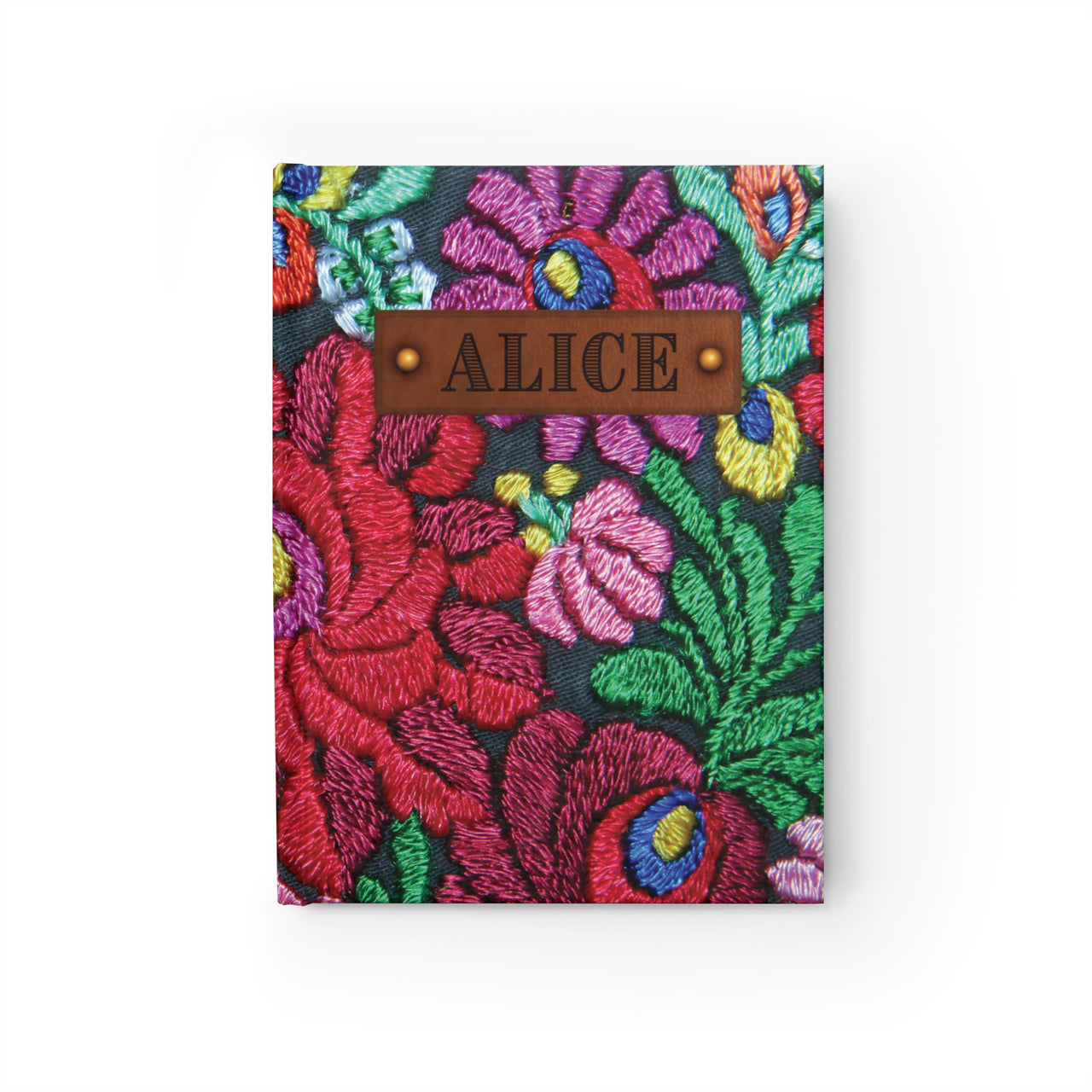 Bright Floral Embroidery and Leather Name Plate All-Over-Print Hardcover Journal, Matte with Lined or Blank Pages, Luxury Look Printed Cover