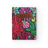 Thumbnail for Bright Floral Embroidery and Leather Name Plate All-Over-Print Hardcover Journal, Matte with Lined or Blank Pages, Luxury Look Printed Cover