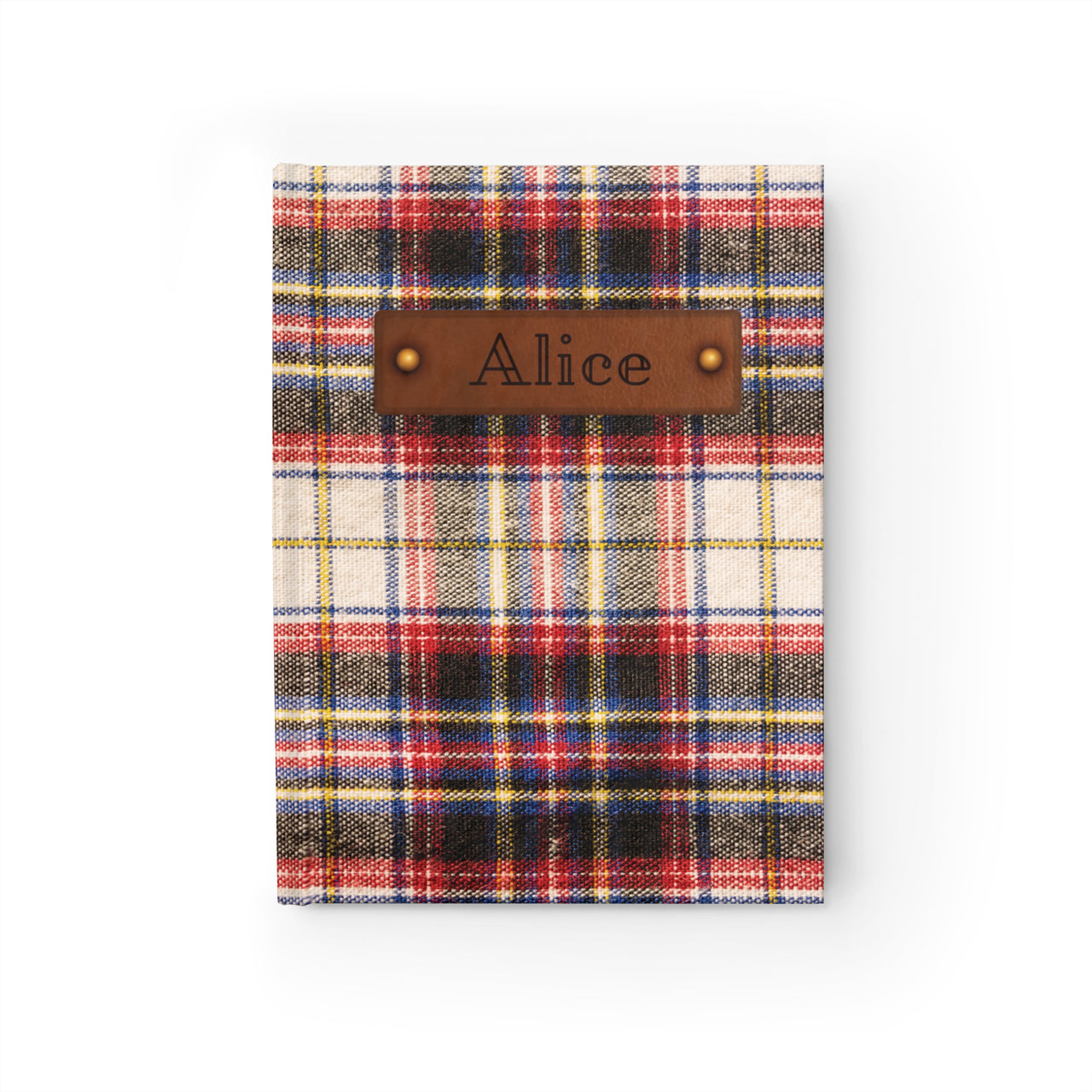 Wool Plaid and Leather Name Plate All-Over-Print Hardcover Journal, Matte with Lined or Blank Pages, Luxury Printed Cover