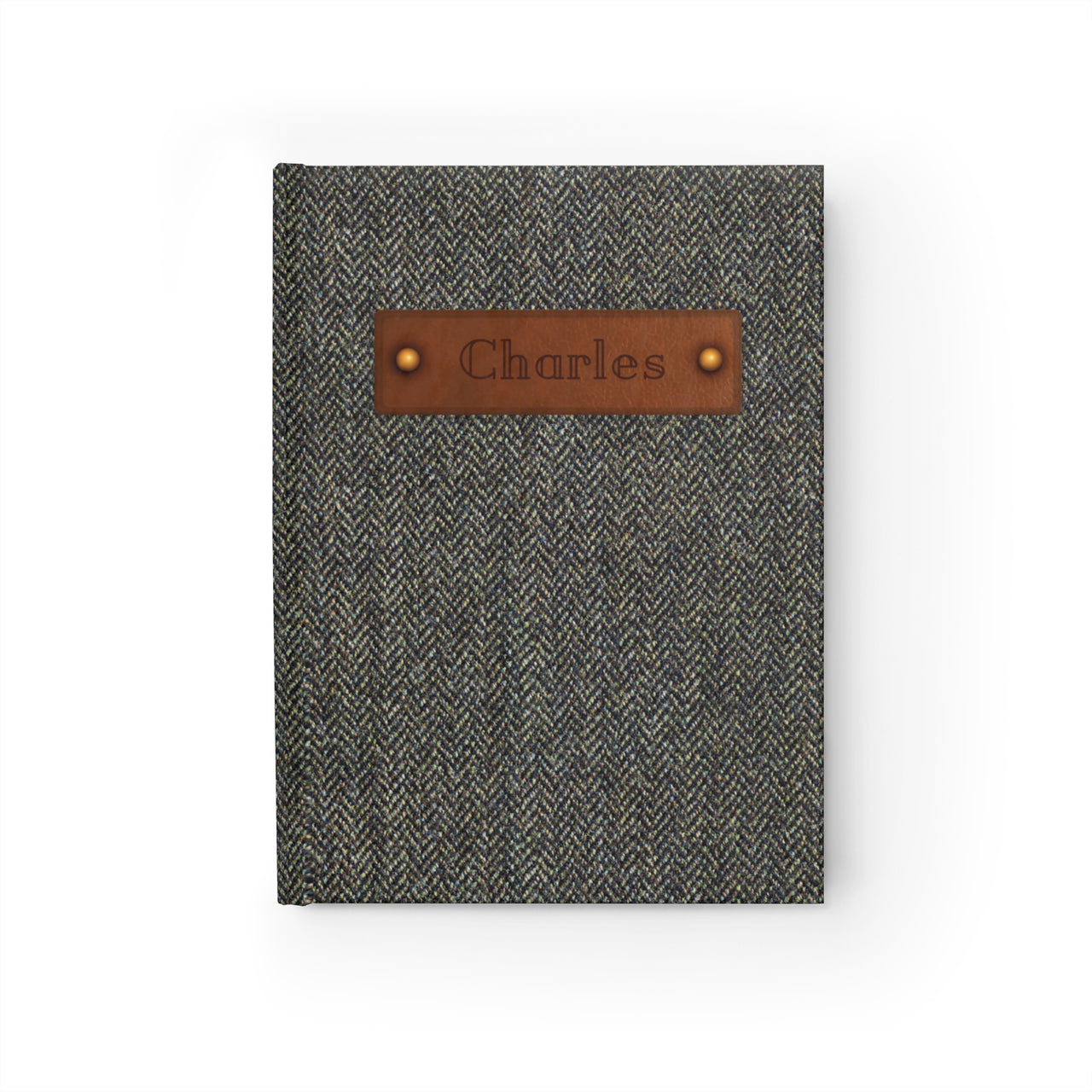 Tweed and Embossed Leather Patch All-Over-Print Hardcover Journal Matte with Lined or Blank Pages, Luxury Look Printed Cover