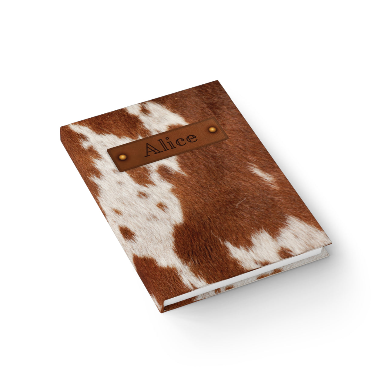 Cow Print and Leather Name Plate All-Over-Print Hardcover Journal, Matte with Lined or Blank Pages, Luxury Look Printed Cover