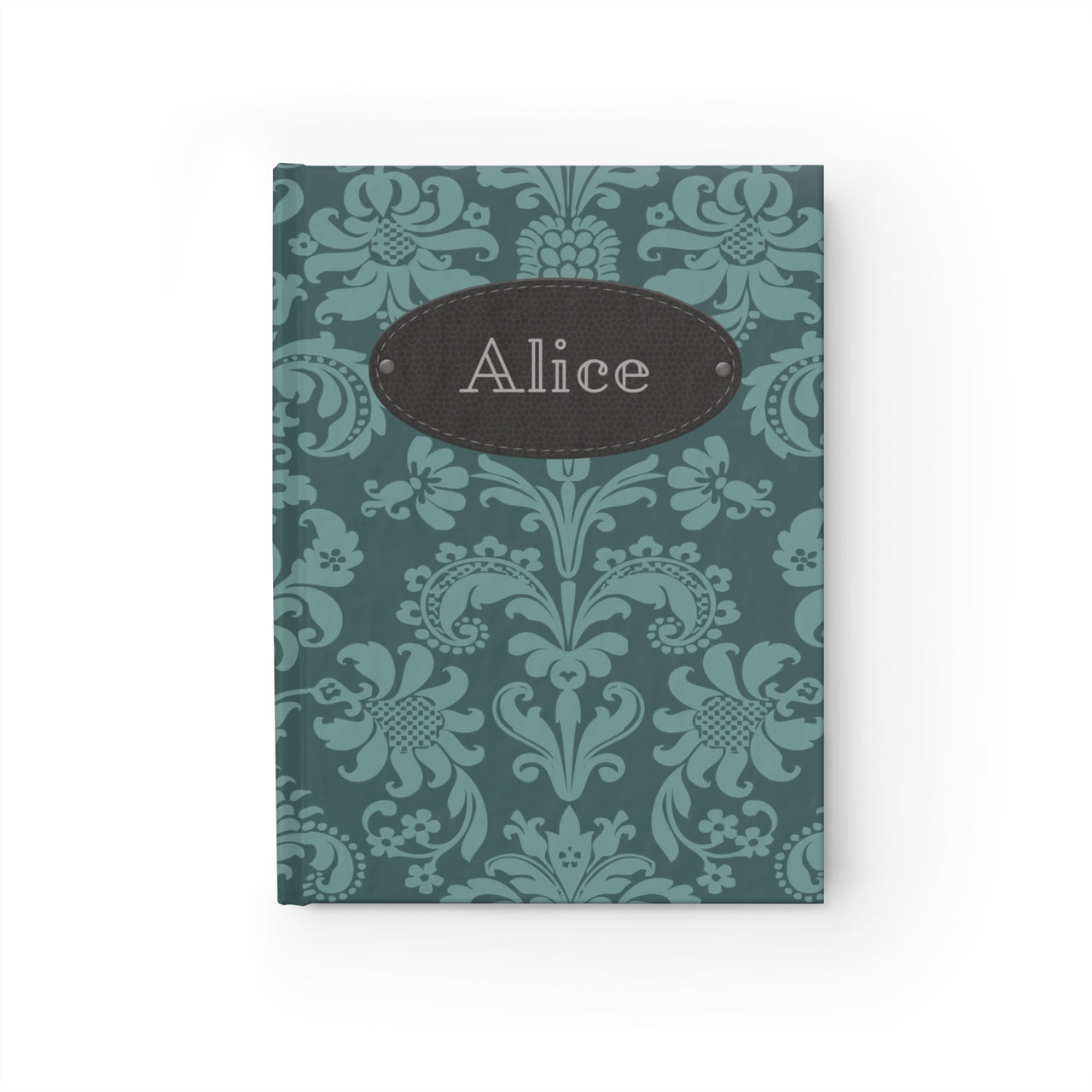 Teal Brocade and Leather Name Plate All-Over-Print Hardcover Journal, Matte with Lined or Blank Pages, Luxury Look Printed Cover