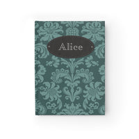 Thumbnail for Teal Brocade and Leather Name Plate All-Over-Print Hardcover Journal, Matte with Lined or Blank Pages, Luxury Look Printed Cover