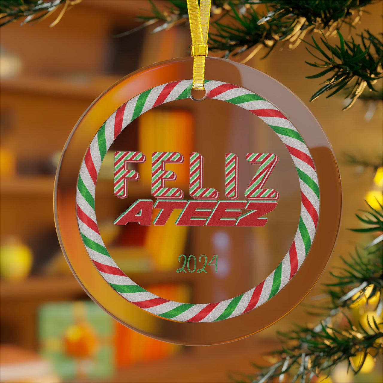 Ateez Glass 2024 Holiday Ornament, "Feliz Ateez" Red Green White Pepperment Design Christmas Ornament, Ateez Atiny Holiday Merch