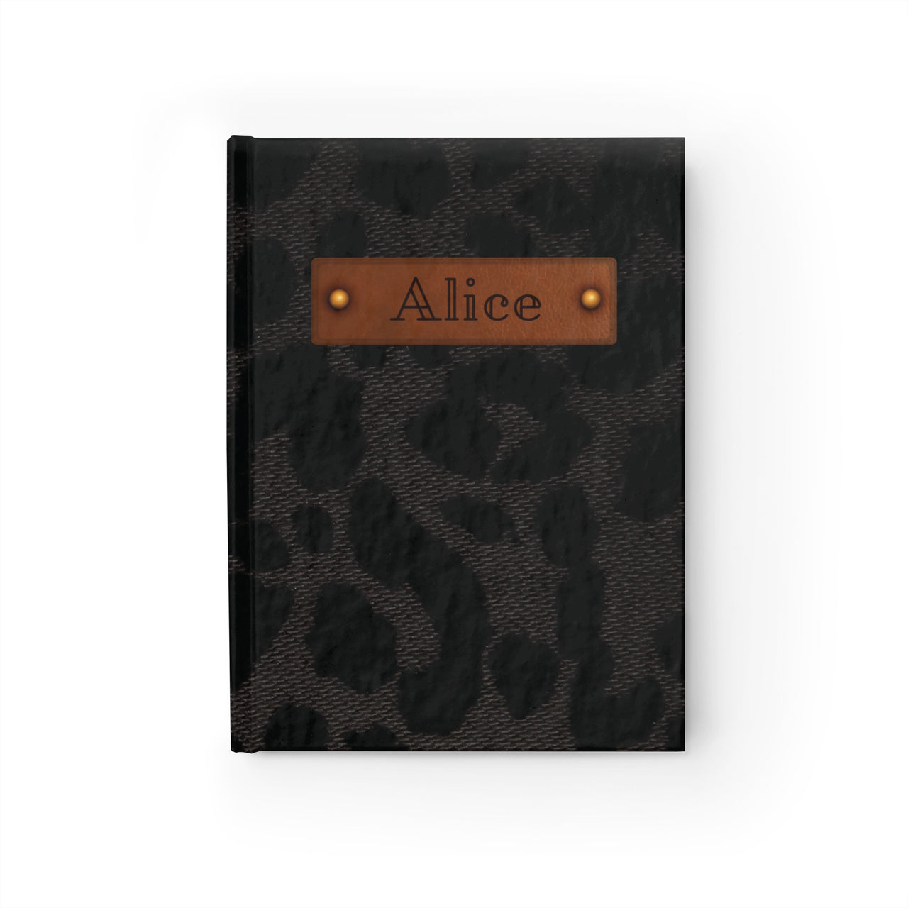 Black Velvet Cheetah and Leather Name Plate All-Over-Print Hardcover Journal, Matte with Lined or Blank Pages, Luxury Look Printed Cover