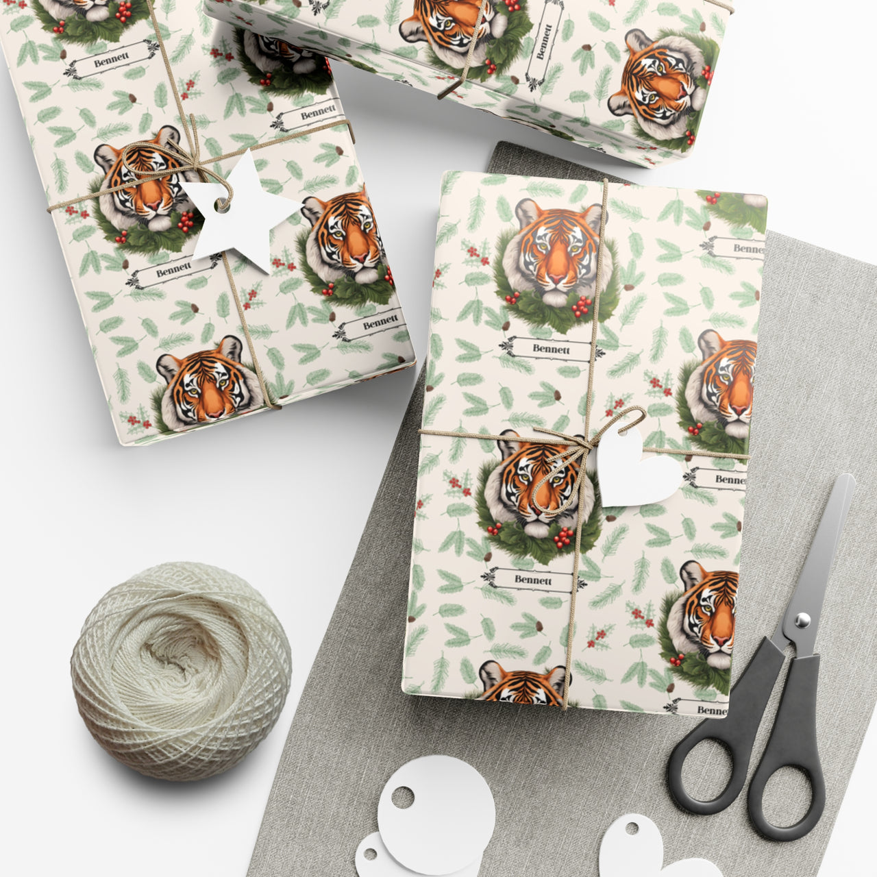 Personalized Holiday Tigers Vintage Wrapping Paper, Custom Festive Tiger Gift Wrap Rolls, Jungle Animal Print Christmas Paper