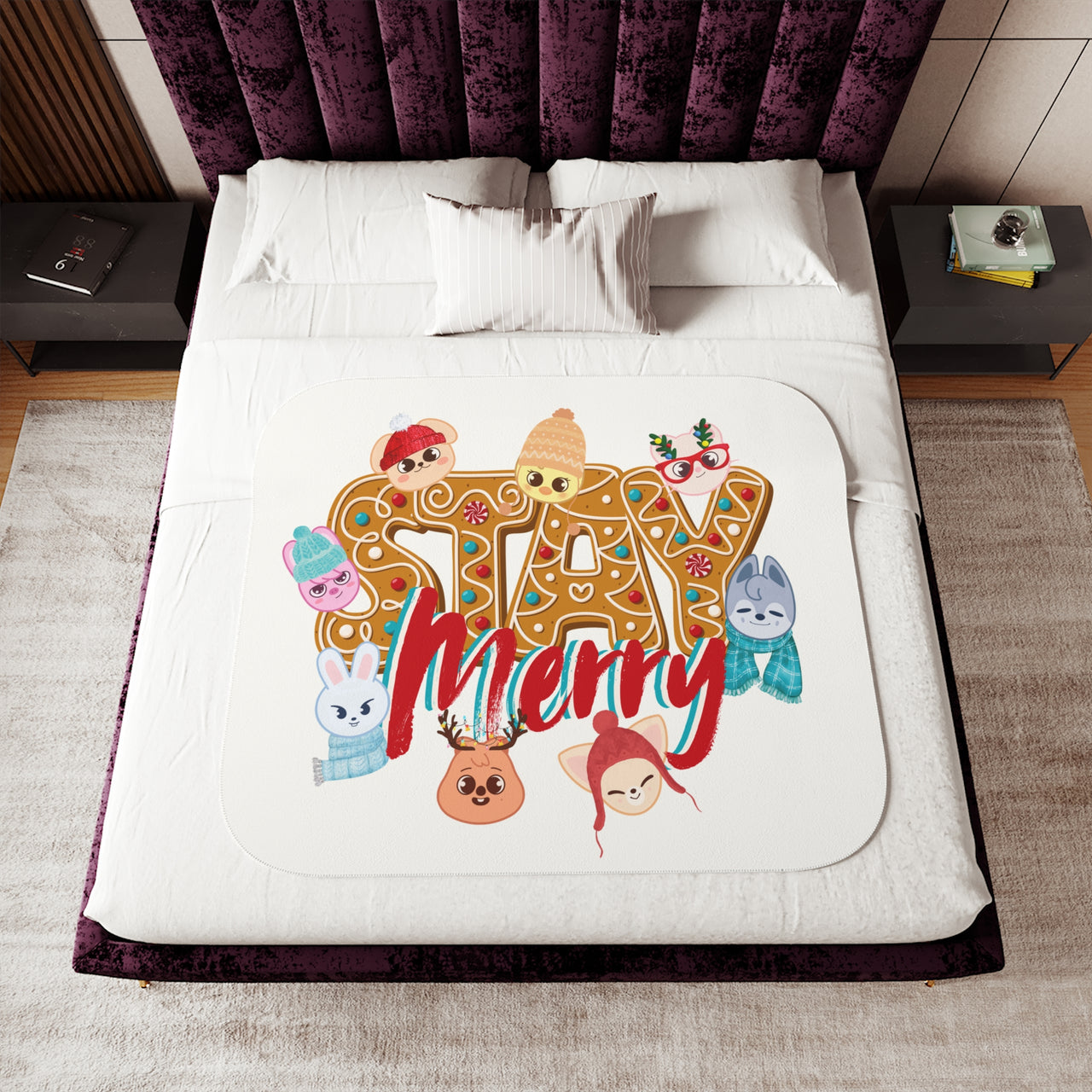 SKZoo "STAY Merry" Sherpa Blanket, Stray Kids Holiday Decor, SKZ Merch in 3 sizes, BbokAri Jiniret WolfChan Dwaekki HAN Quokka Leebit PupyM