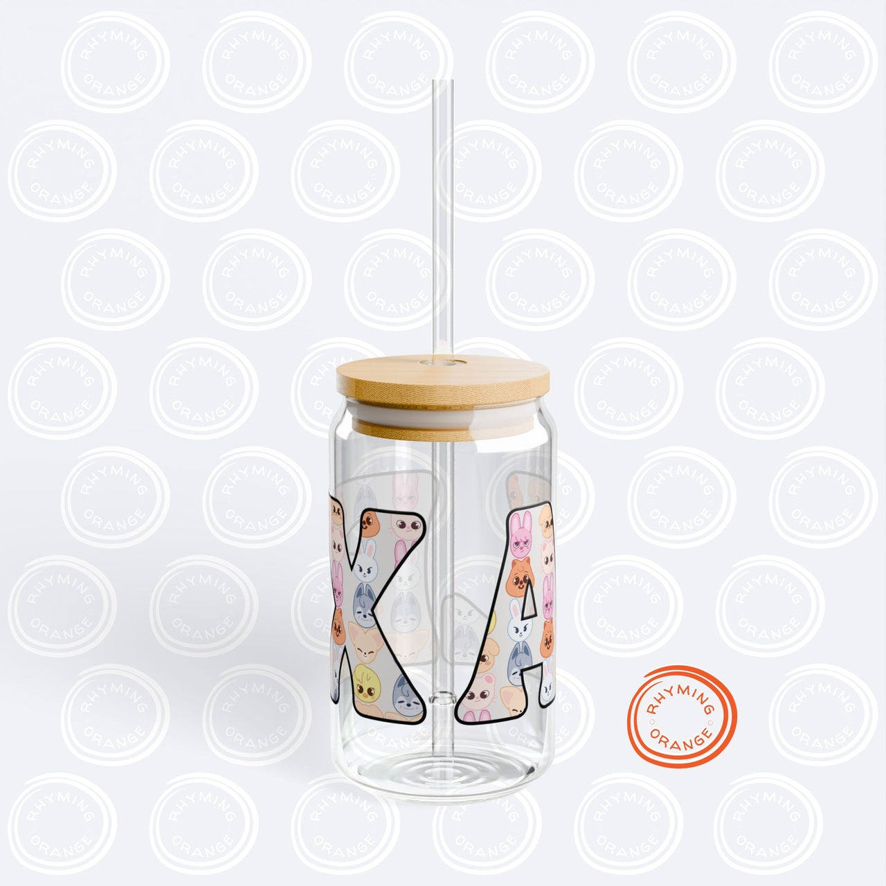 Custom Stray Kids SKZoo Letters Sipper Glass, SKZ 16oz Covered Glass with Bamboo Lid and Straw, StrayKids KPop Merch Bbokari BangChan Leebit