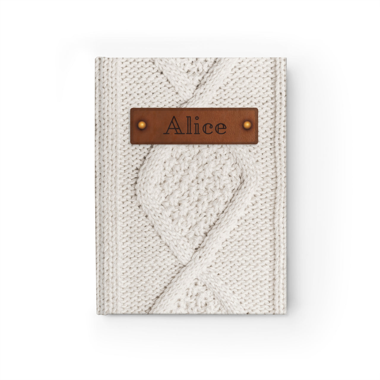 Cream Diamond Sweater and Leather Name Plate All-Over-Print Hardcover Journal, Matte with Lined or Blank Pages, Luxury Look Printed Cover