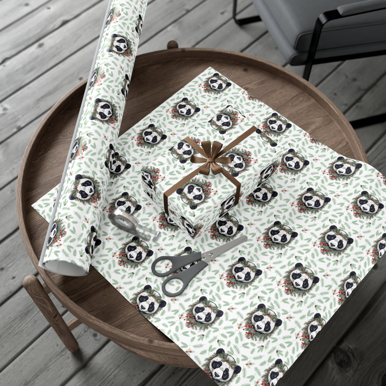 Pandas and Pines Vintage Gift Wrapping Paper, Panda Bear Holiday Gift Wrap, Christmas Jungle Print Paper