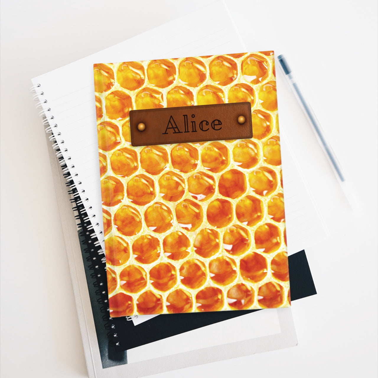 Beehive and Leather Name Plate All-Over-Print Hardcover Journal, Matte with Lined or Blank Pages, Luxury Printed Cover