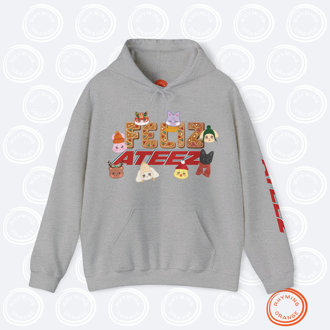 Aniteez "Feliz Ateez" Holiday Hoodie, Ateez Gingerbread Hooded Christmas Sweatshirt