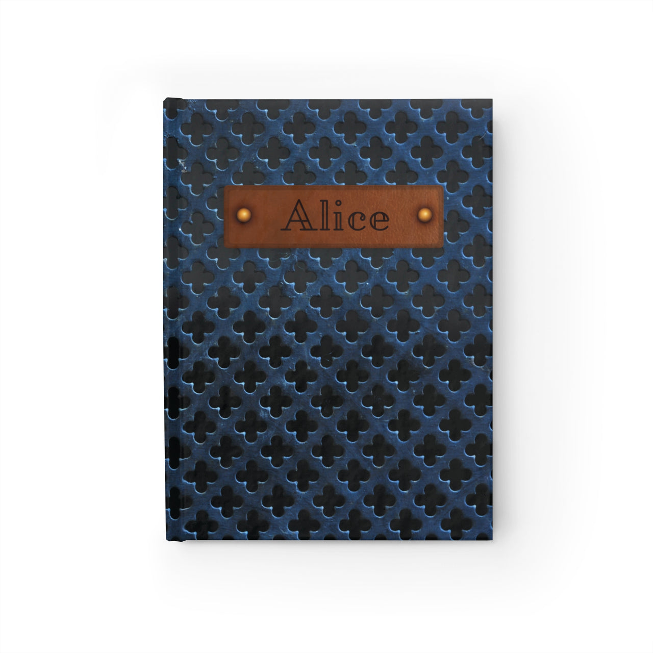 Navy Metal Grate and Leather Name Plate All-Over-Print Hardcover Journal Matte with Lined or Blank Pages, Luxury Look Printed Cover