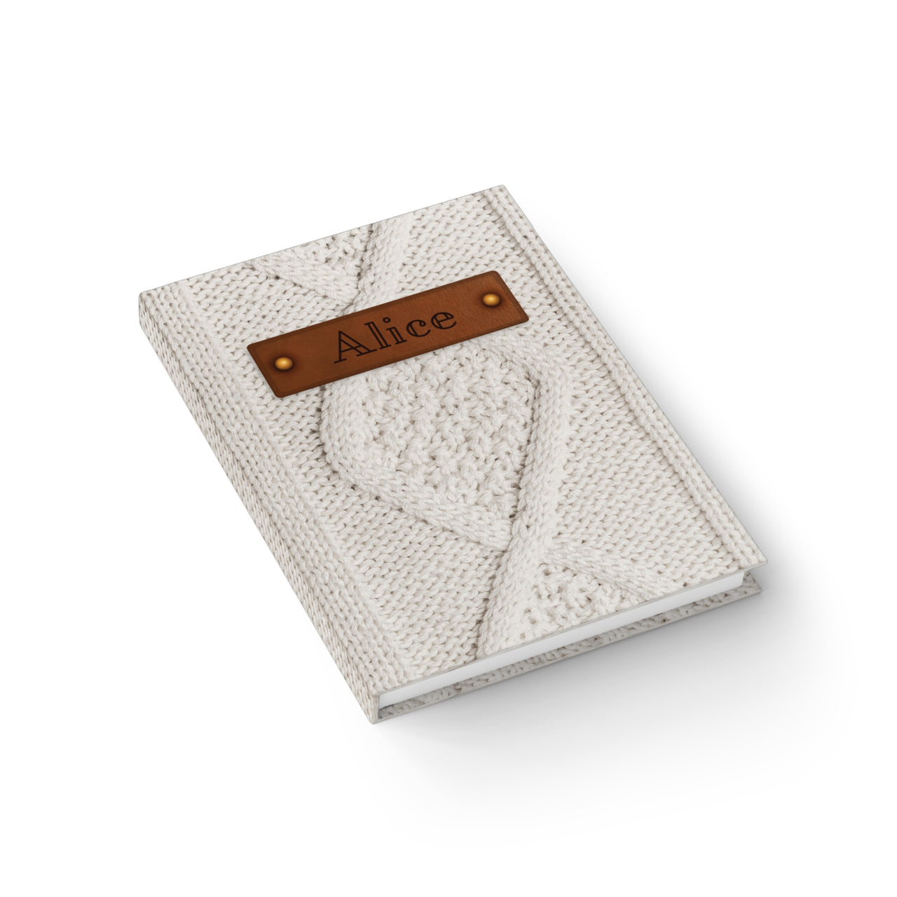 Cream Diamond Sweater and Leather Name Plate All-Over-Print Hardcover Journal, Matte with Lined or Blank Pages, Luxury Look Printed Cover