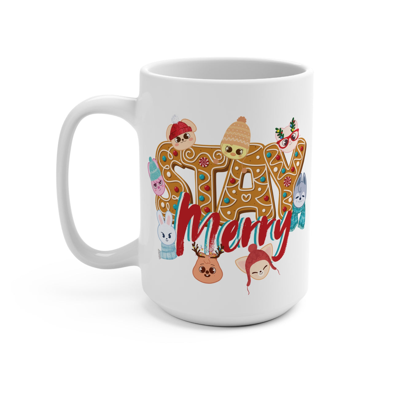 Personlized Stray Kids SKZoo Holiday Mug, Custom 15oz Ceramic STAY Merry Gingerbread Mug, StrayKids Quokka Bbokari Bang Chan Lee Know Merch