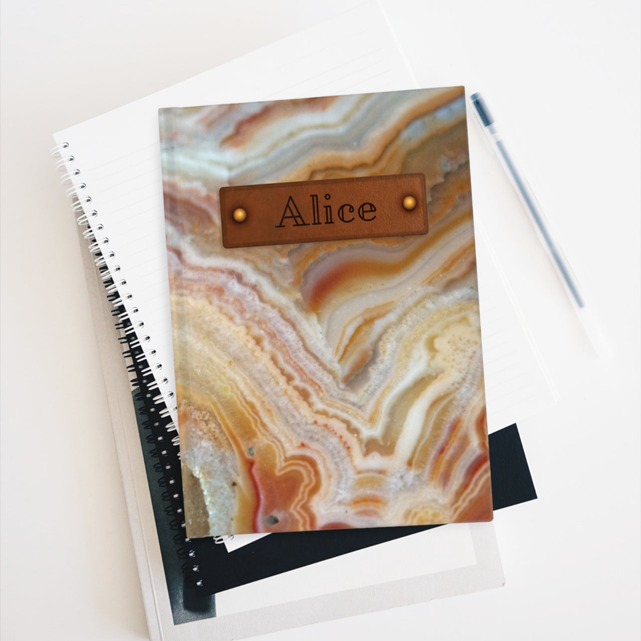 Agate and Leather Name Plate All-Over-Print Hardcover Journal, Matte with Lined or Blank Pages, Luxury Look Printed Cover