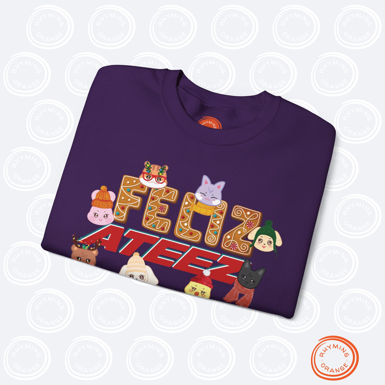 Aniteez "Feliz Ateez" Holiday Sweatshirt, Ateez Gingerbread Sleeve Print Christmas Sweatshirt