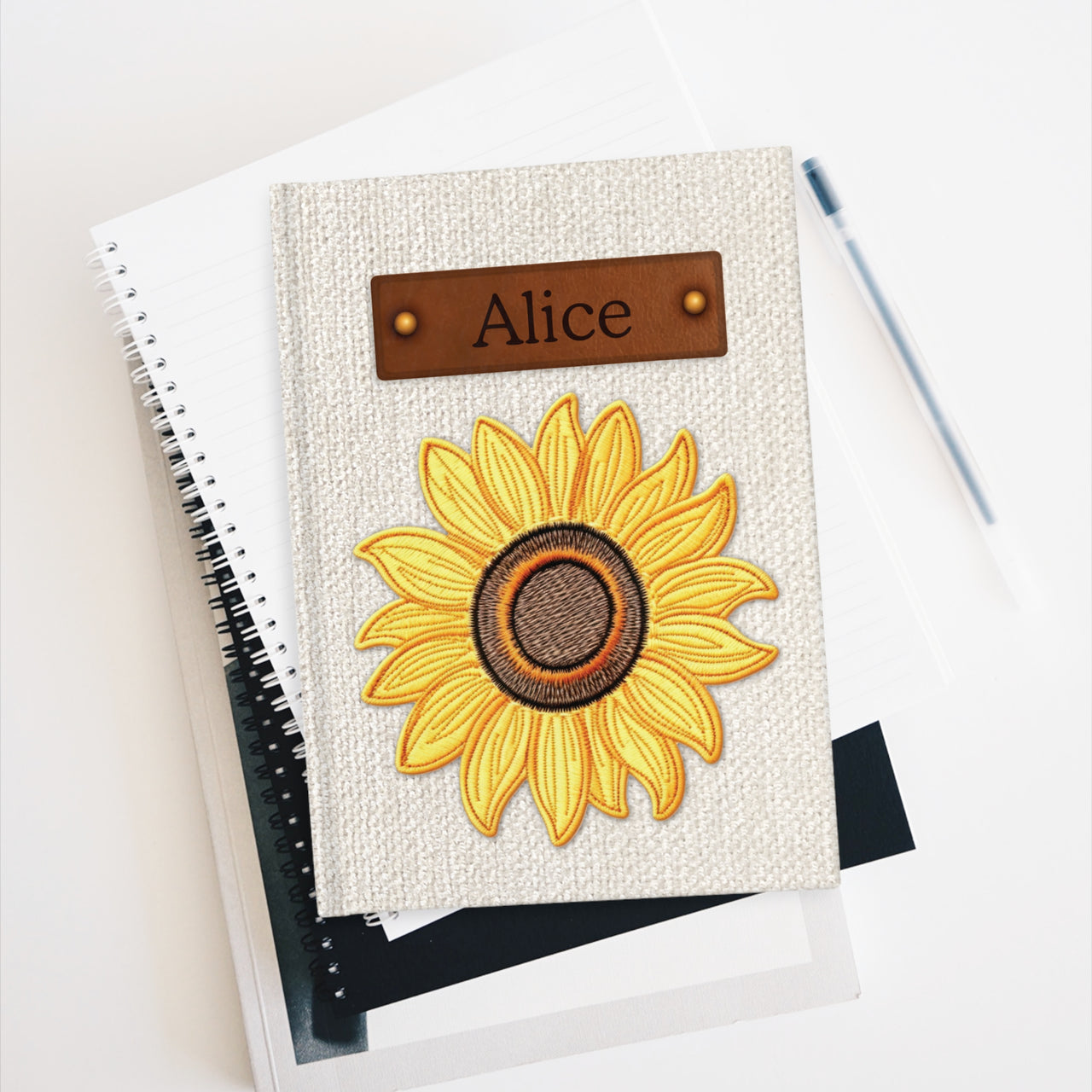 Sunflower Embroidery and Leather Name Plate All-Over-Print Hardcover Journal, Matte with Lined or Blank Pages, Luxury Look Printed Cover