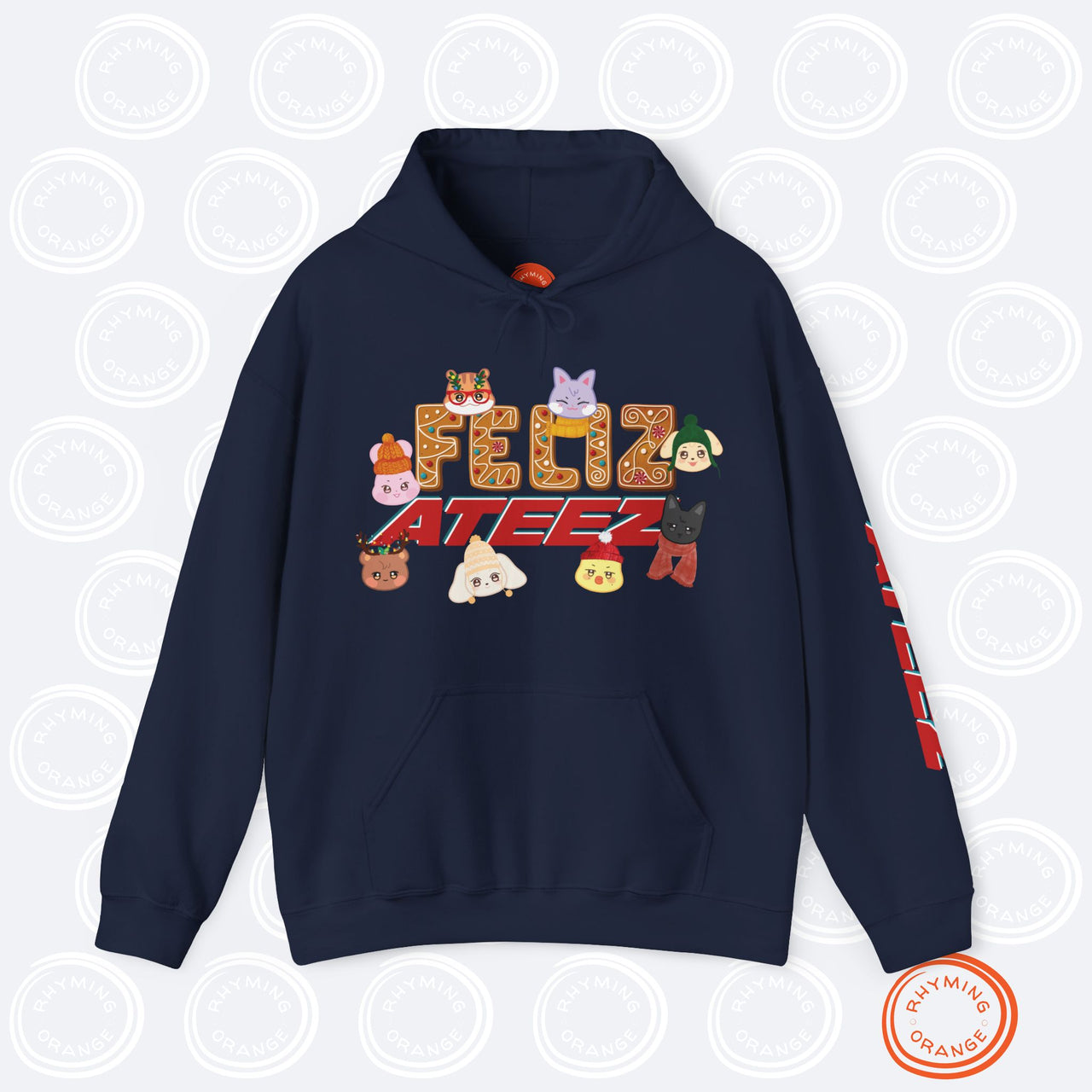 Aniteez "Feliz Ateez" Holiday Hoodie, Ateez Gingerbread Hooded Christmas Sweatshirt