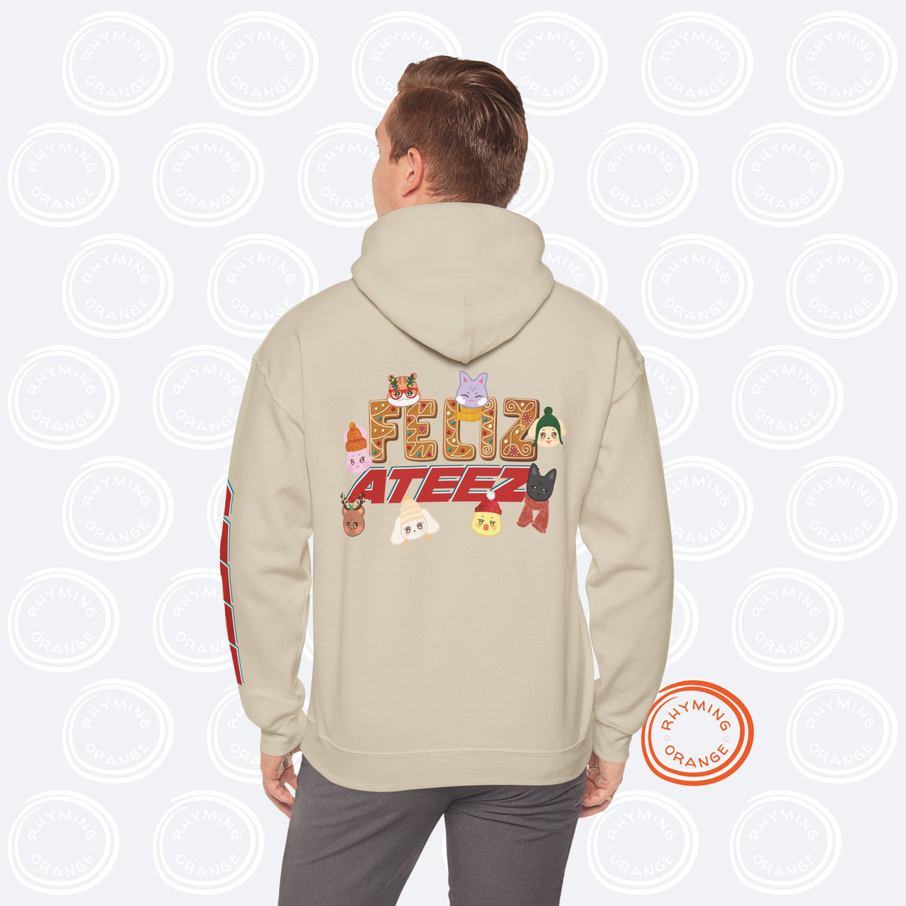 Personalized Aniteez "Feliz Ateez" Holiday Hoodie, Ateez Gingerbread Christmas Hooded Sweatshirt