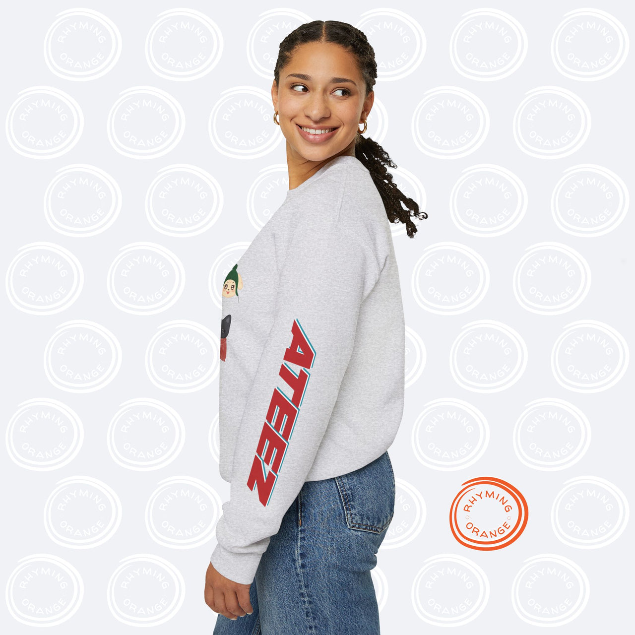 Aniteez "Feliz Ateez" Holiday Sweatshirt, Ateez Gingerbread Sleeve Print Christmas Sweatshirt