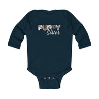 Thumbnail for Dog Sister Infant Bodysuit, Long Sleeve Furry Letter Custom Onesie for Pet Sibling, Baby Shower Gift, New Baby Gift, Expecting Mom Gift