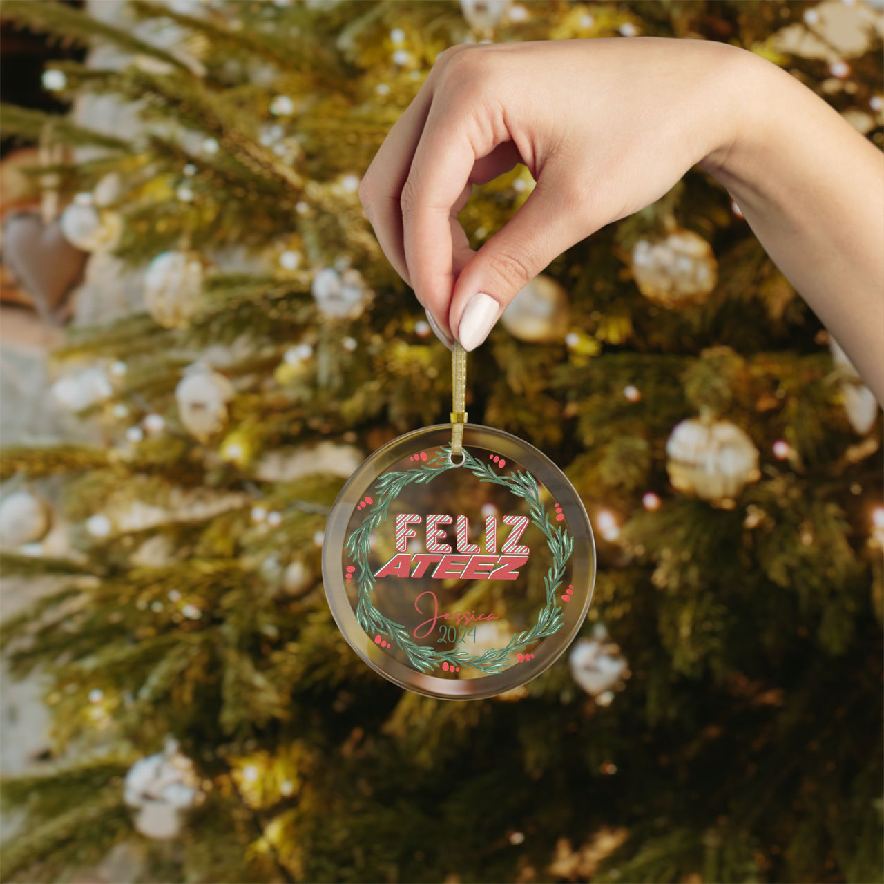 Personalized Ateez Glass Holiday Ornament, "Feliz Ateez" Custom 2024 Design Christmas Ornament, Ateez Atiny Holiday Merch