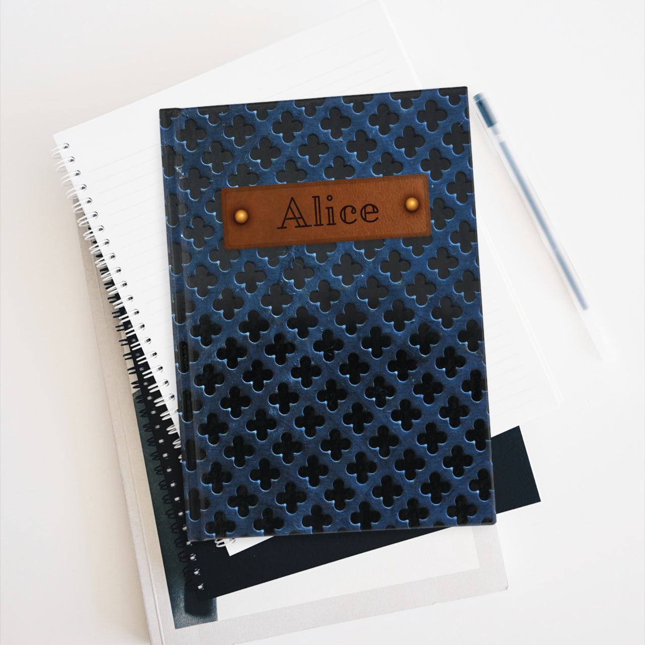 Navy Metal Grate and Leather Name Plate All-Over-Print Hardcover Journal Matte with Lined or Blank Pages, Luxury Look Printed Cover