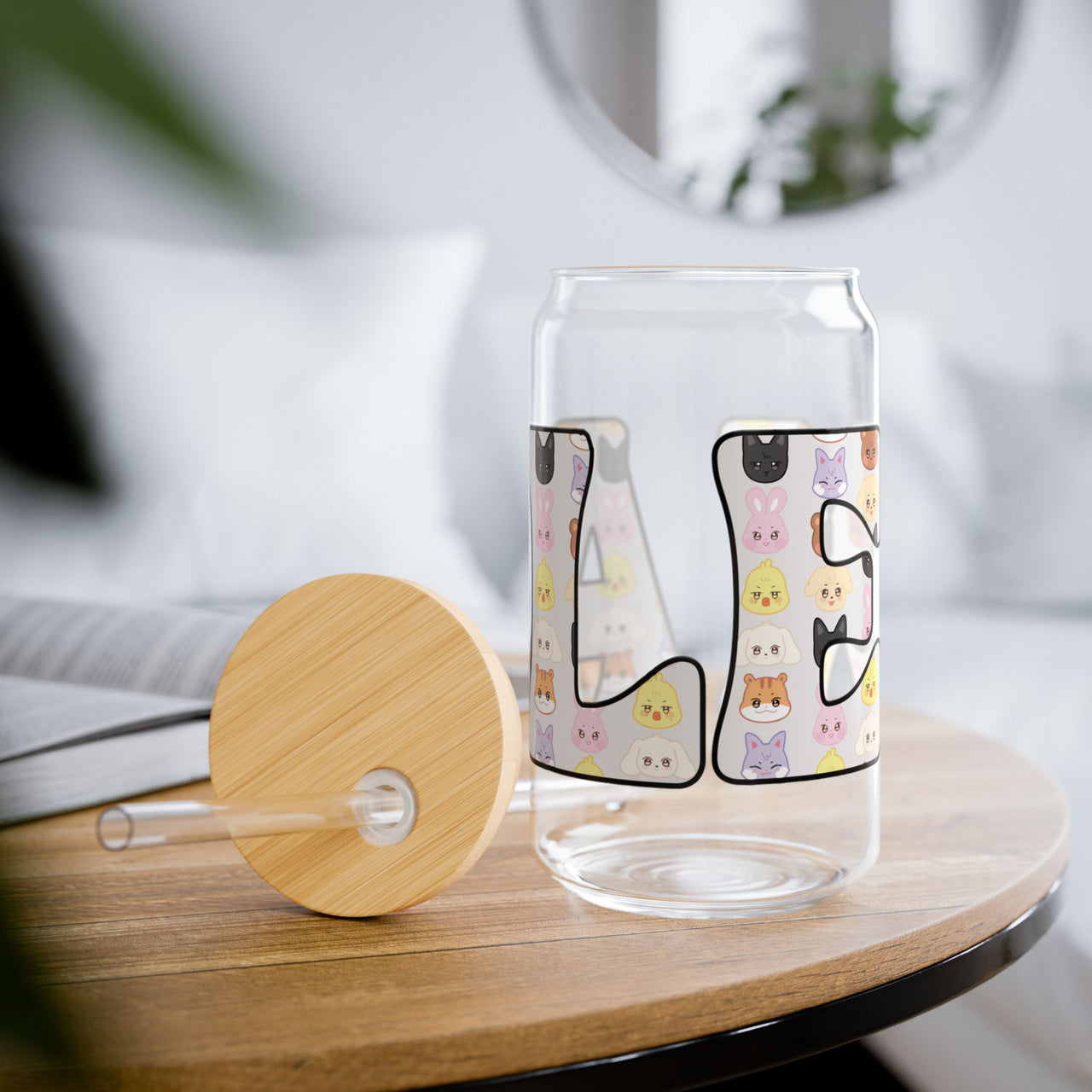 Custom Aniteez Letters Sipper Glass, Ateez Personalized 16oz Covered Glass with Bamboo Lid and Straw