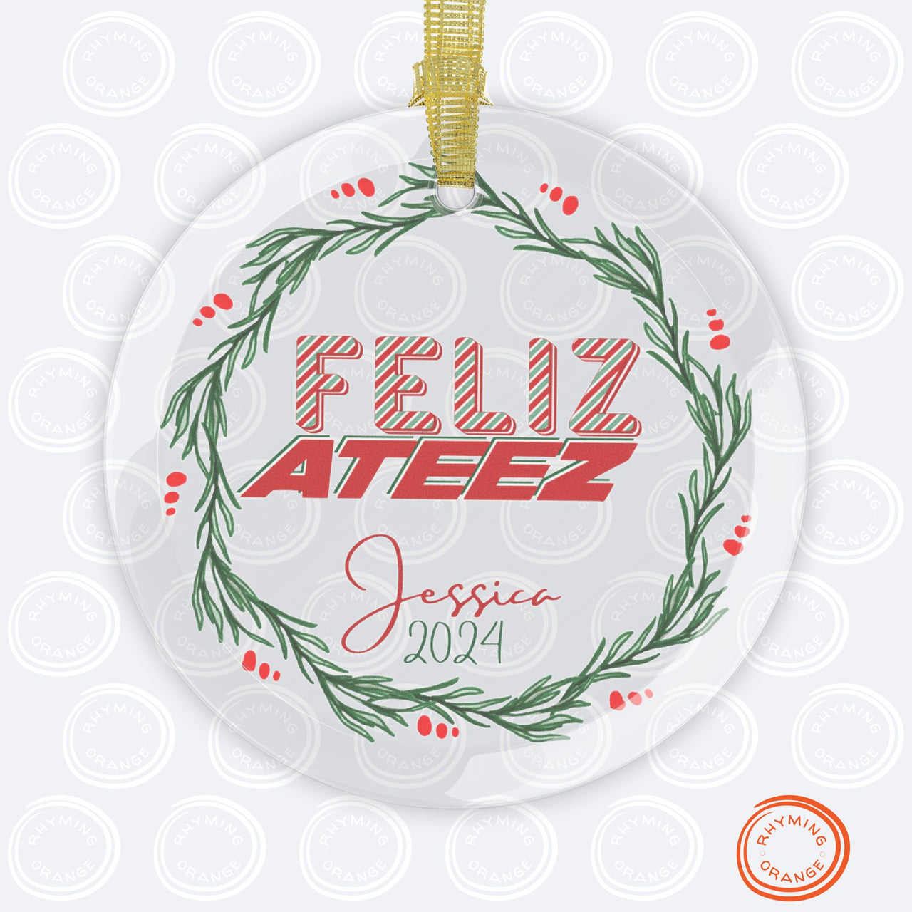 Personalized Ateez Glass Holiday Ornament, "Feliz Ateez" Custom 2024 Design Christmas Ornament, Ateez Atiny Holiday Merch