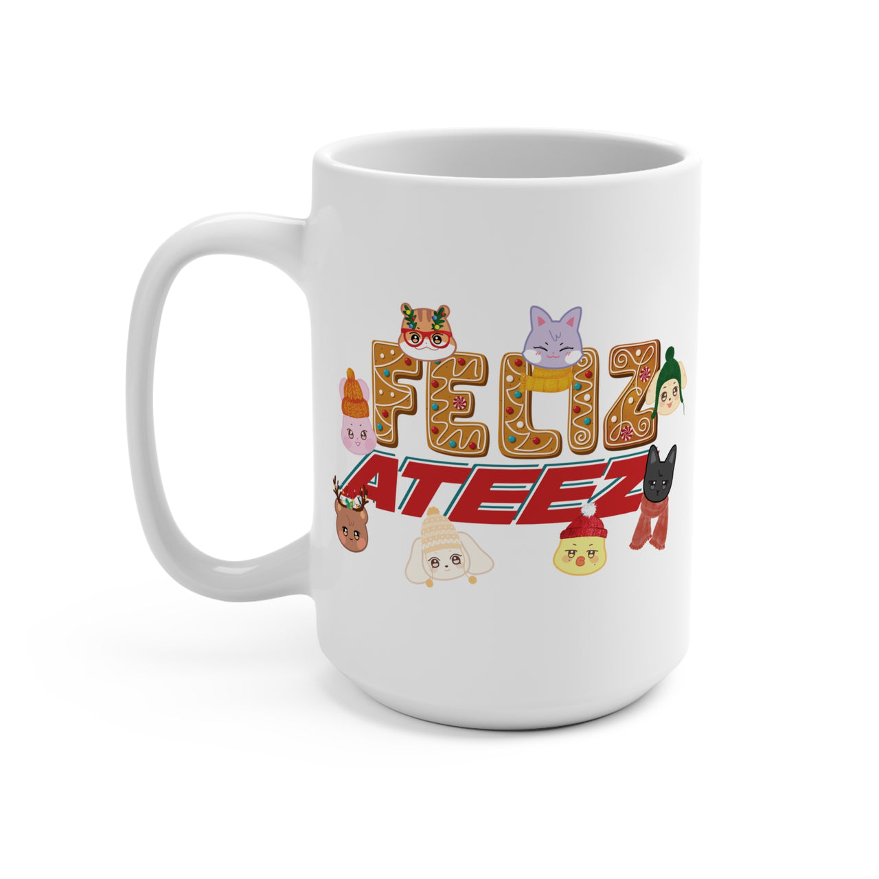 Personalized Feliz Ateez Holiday Mug, Custom 15oz Ceramic Aniteez Gingerbread Mug