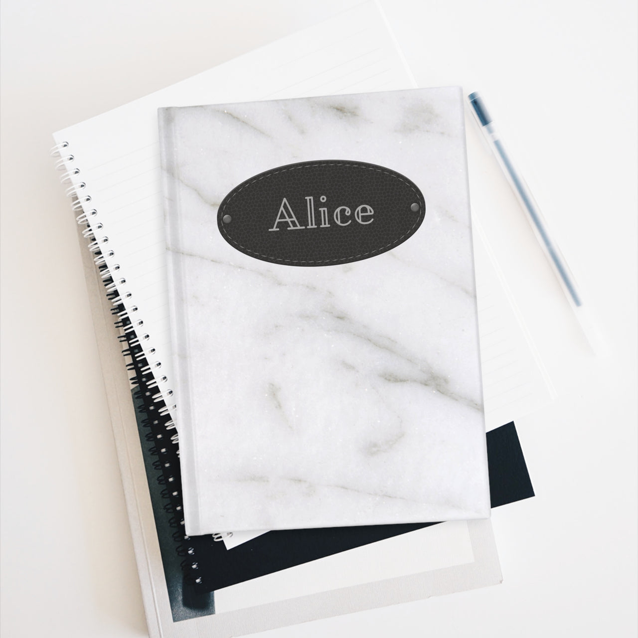 Marble and Leather Name Plate All-Over-Print Hardcover Journal, Matte with Lined or Blank Pages, Luxury Look Printed Cover