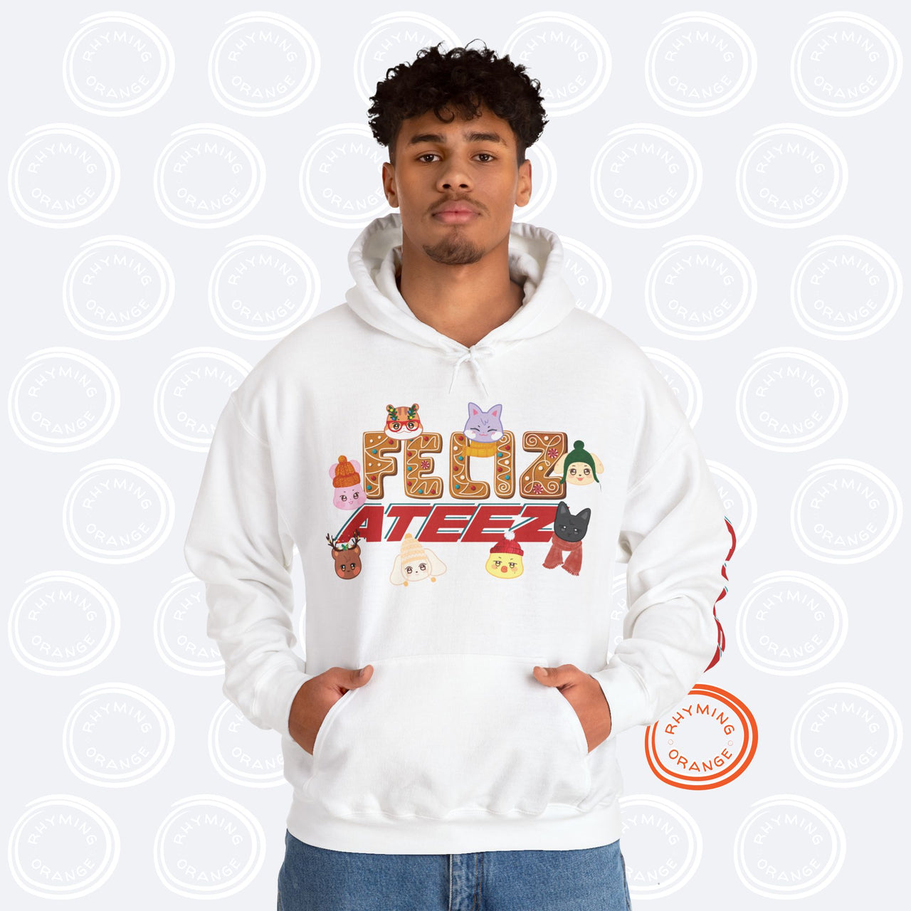 Aniteez "Feliz Ateez" Holiday Hoodie, Ateez Gingerbread Hooded Christmas Sweatshirt