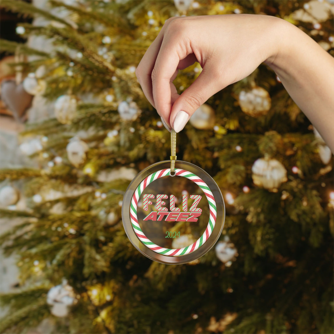 Ateez Glass 2024 Holiday Ornament, "Feliz Ateez" Red Green White Pepperment Design Christmas Ornament, Ateez Atiny Holiday Merch