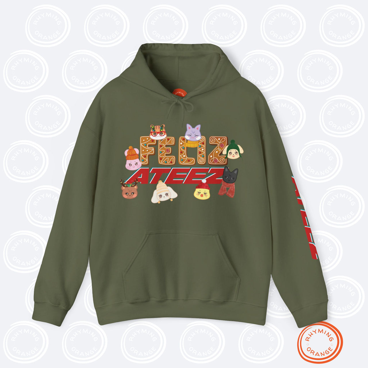 Aniteez "Feliz Ateez" Holiday Hoodie, Ateez Gingerbread Hooded Christmas Sweatshirt