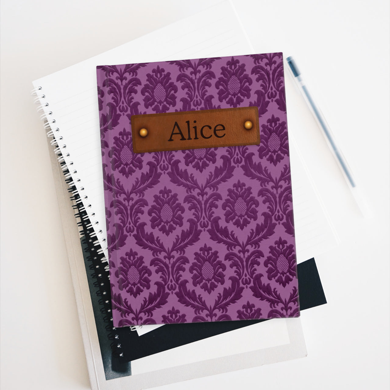 Purple Brocade and Leather Name Plate All-Over-Print Hardcover Journal, Matte with Lined or Blank Pages, Luxury Look Printed Cover