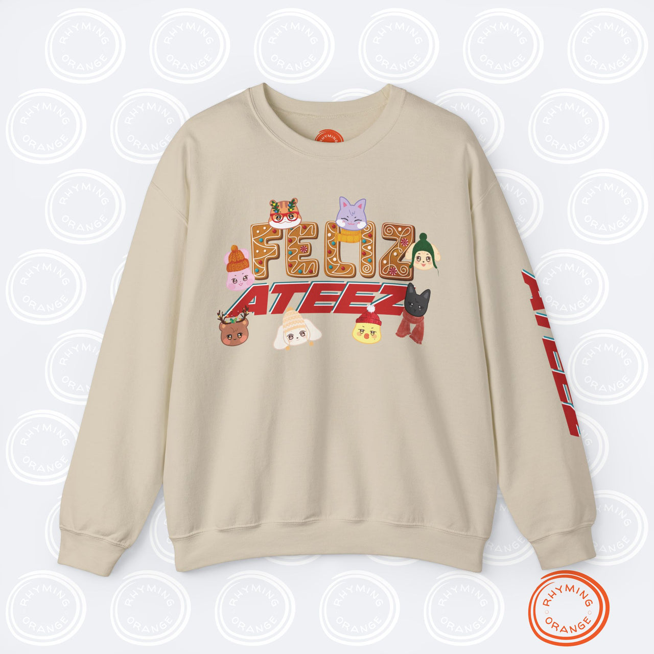 Aniteez "Feliz Ateez" Holiday Sweatshirt, Ateez Gingerbread Sleeve Print Christmas Sweatshirt