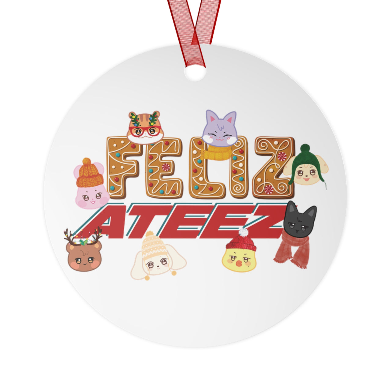 Personalized Aniteez "Feliz Ateez" Metal Ornament, Ateez Christmas Tree Ornament