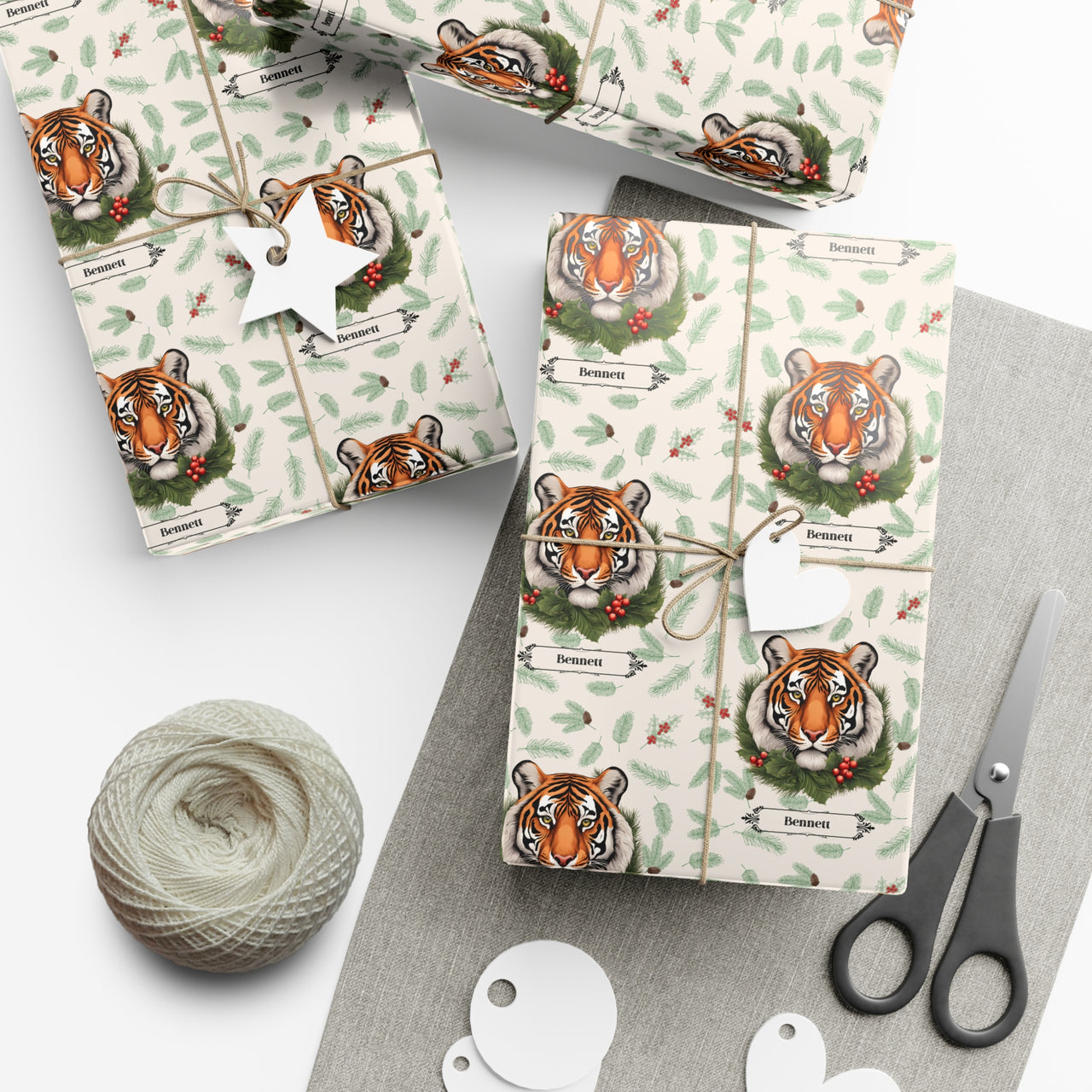 Personalized Holiday Tigers Vintage Wrapping Paper, Custom Festive Tiger Gift Wrap Rolls, Jungle Animal Print Christmas Paper