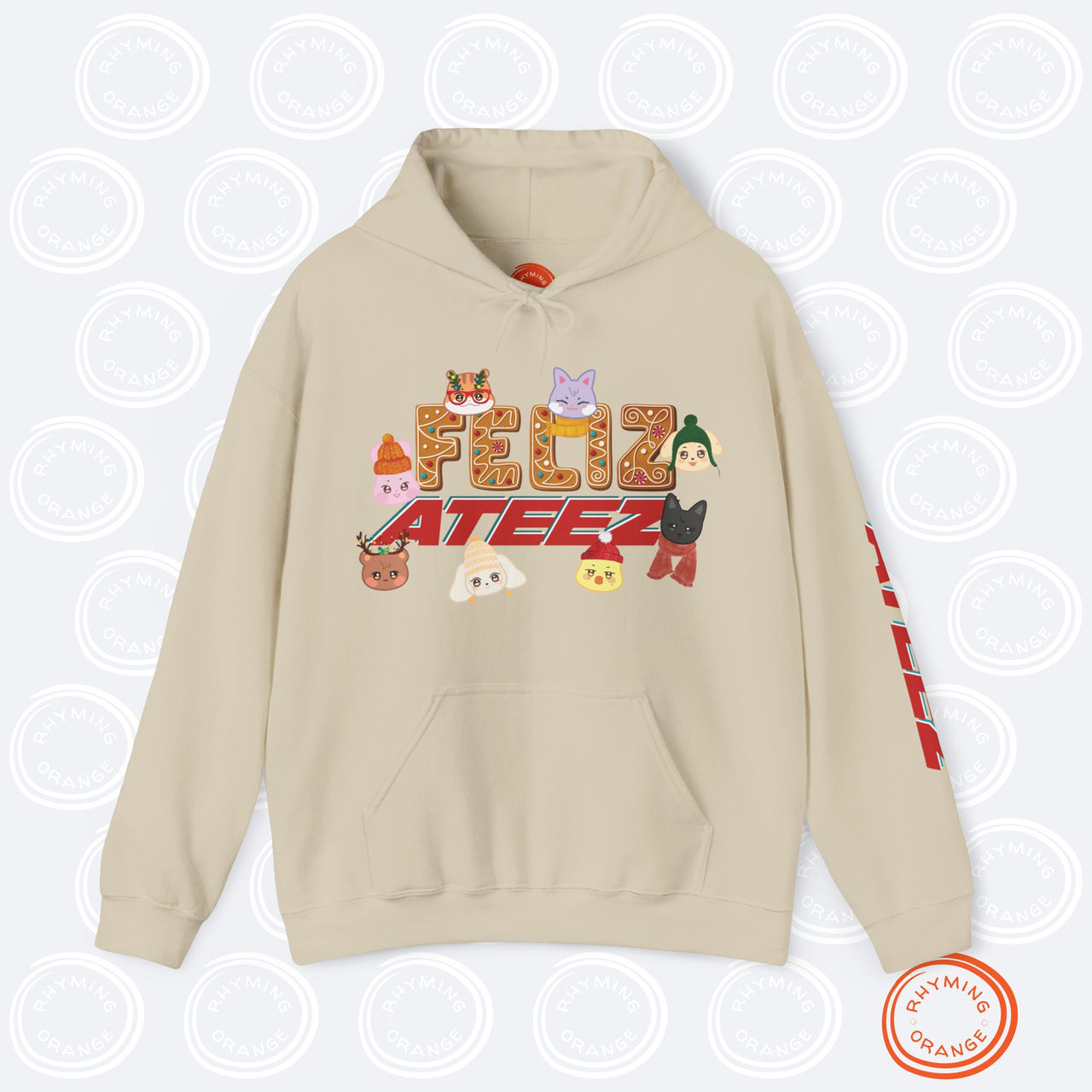 Aniteez "Feliz Ateez" Holiday Hoodie, Ateez Gingerbread Hooded Christmas Sweatshirt