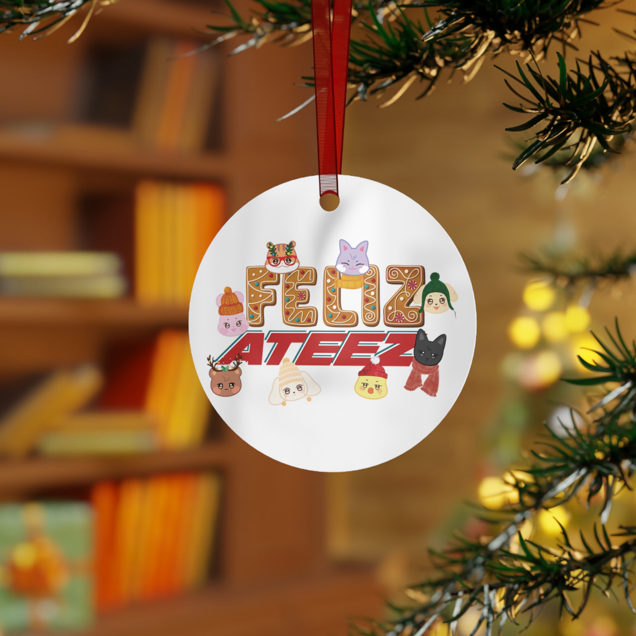 Personalized Aniteez "Feliz Ateez" Metal Ornament, Ateez Christmas Tree Ornament