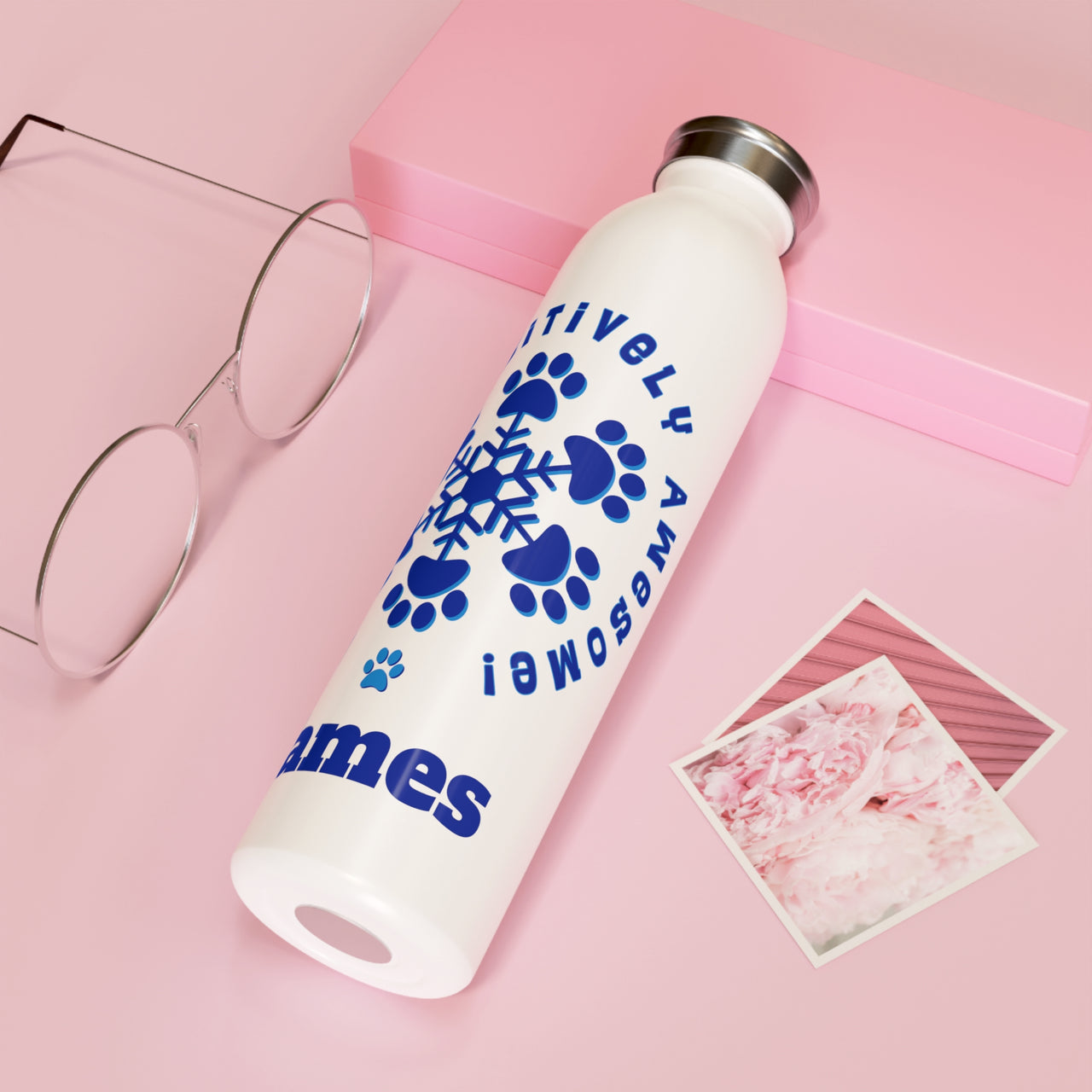 Personalized "PAW-sitively Awesome" Slim Water Bottle, Custom Paw Print Snowflake Stainless Drinkware, Appreciation Christmas Holiday Gift