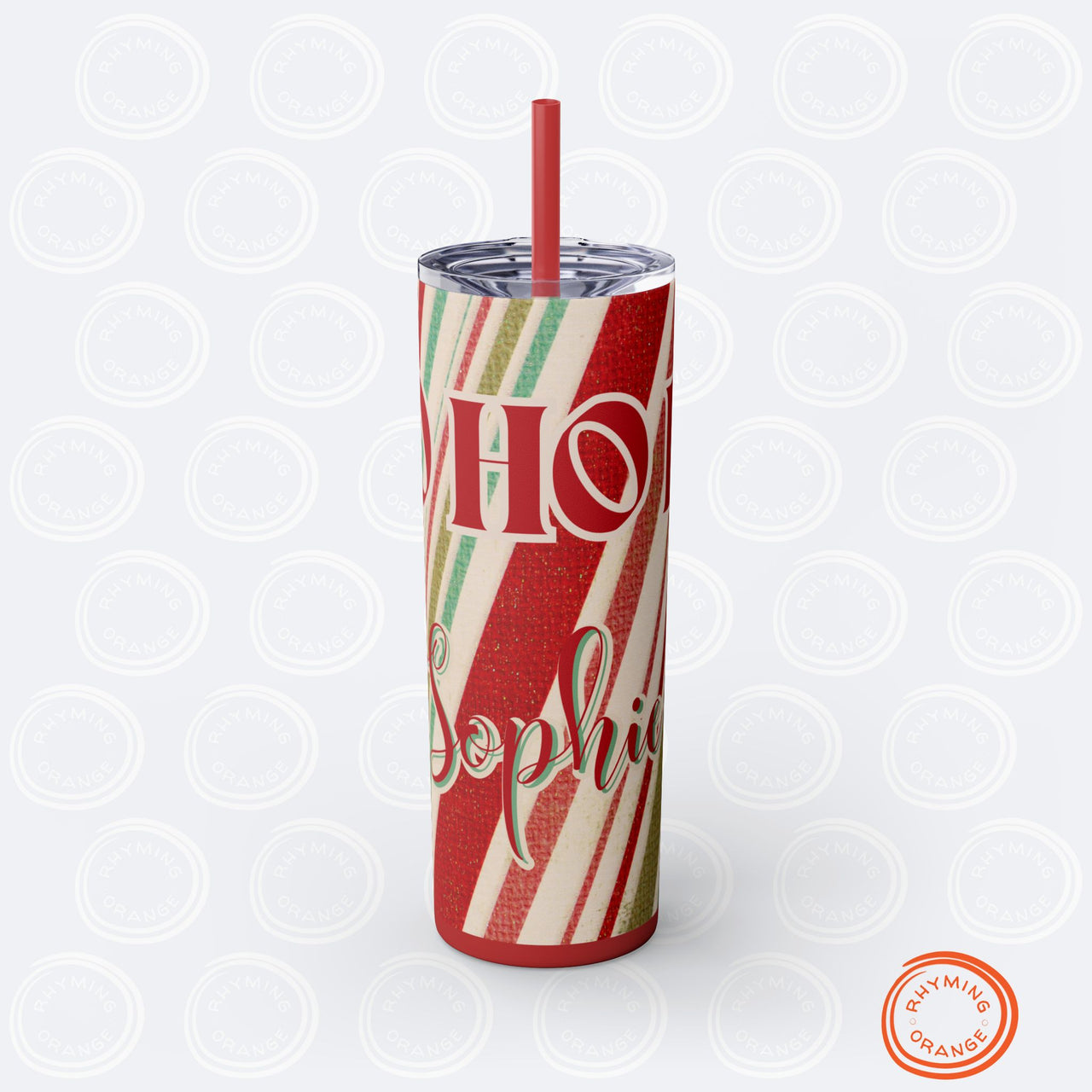 Custom HoHoHo Holiday Skinny Tumbler, Personalized 20oz Straw Insulated Christmas Travel Mug, Peppermint Print Stocking Stuffer