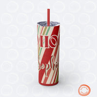 Thumbnail for Custom HoHoHo Holiday Skinny Tumbler, Personalized 20oz Straw Insulated Christmas Travel Mug, Peppermint Print Stocking Stuffer